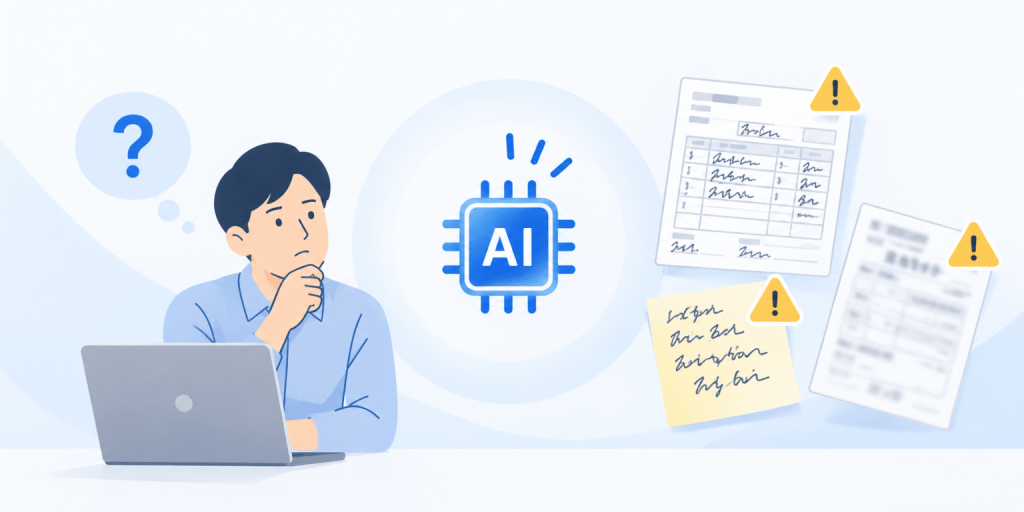 AI-OCRのできないこと・苦手なこと。精度100%ではない、極端に汚い文字は苦手、自由すぎる手書きメモ、考える業務は代われない