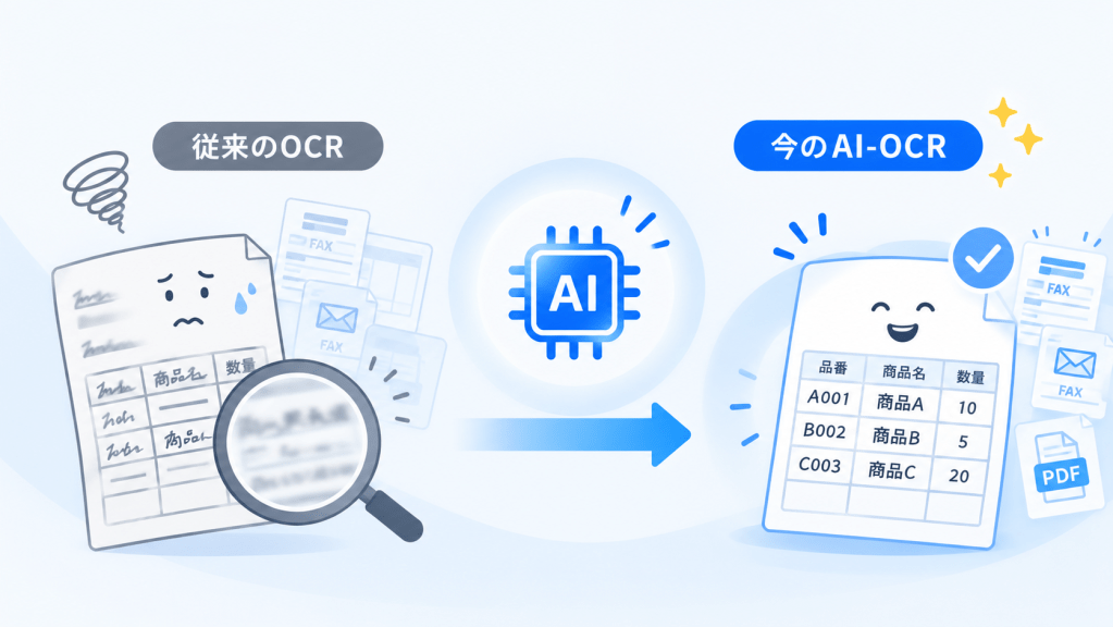 従来のOCRと今のAI-OCRの比較表。読み取り方式・手書き文字・書式の準備・表記ゆれと単位の4項目で違いを比較