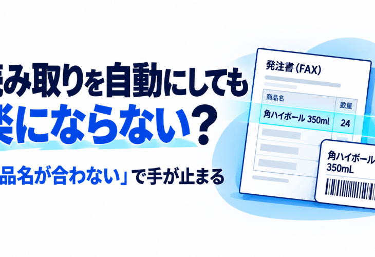 FAXやPDFの注文書を読み取った後に残る、商品名照合の手間を示す図解