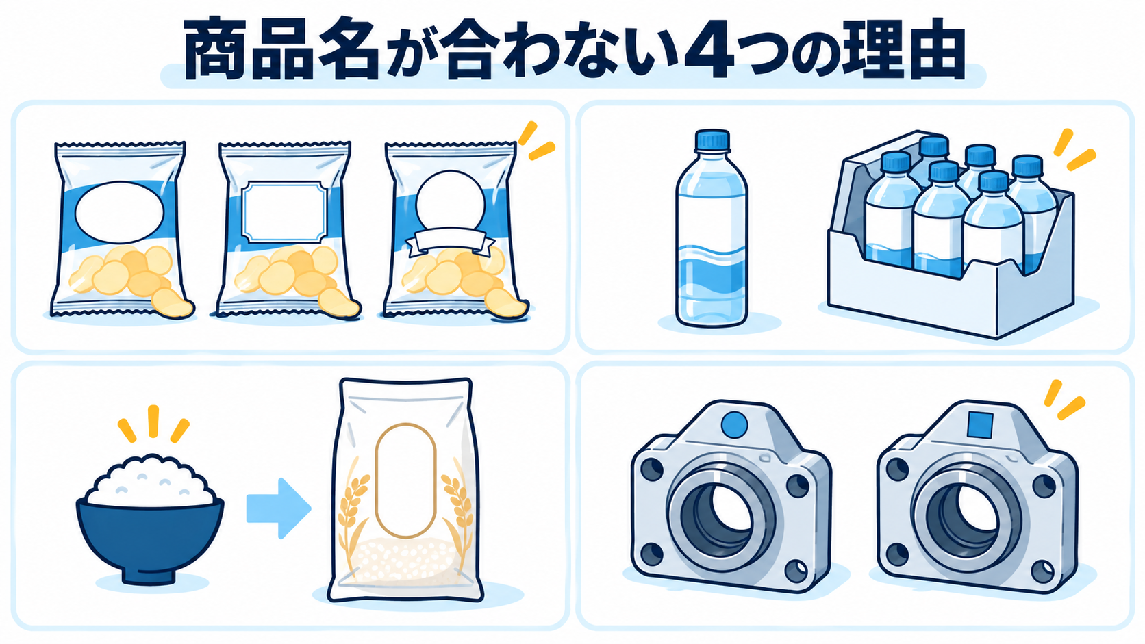商品名の表記や単位、呼び名、品番の不一致を示す図解