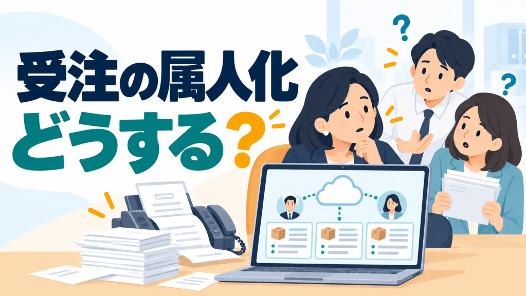 受注の確認が一人の担当者に集まる様子と、注文情報を共有する受発注システムのイメージ