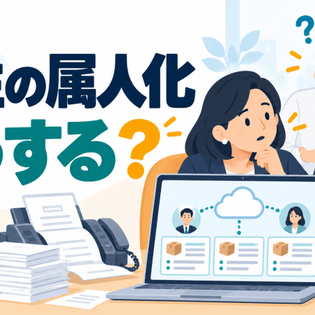受注の確認が一人の担当者に集まる様子と、注文情報を共有する受発注システムのイメージ