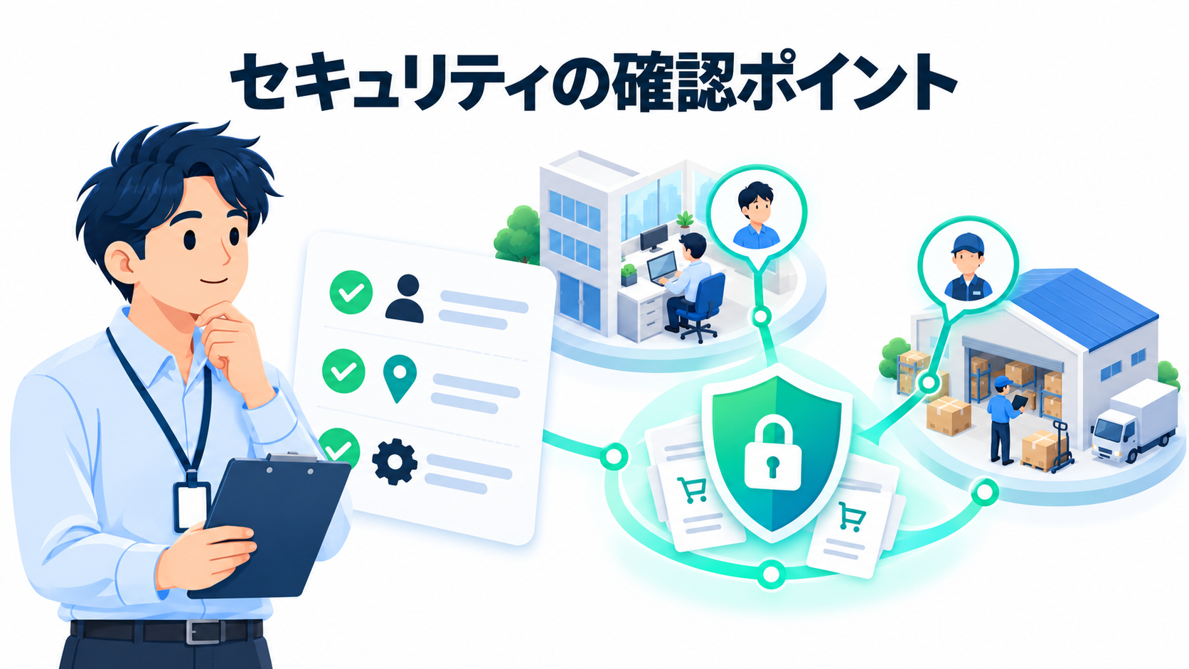 セキュリティの確認ポイントをチェックリストと拠点のイラストで示す